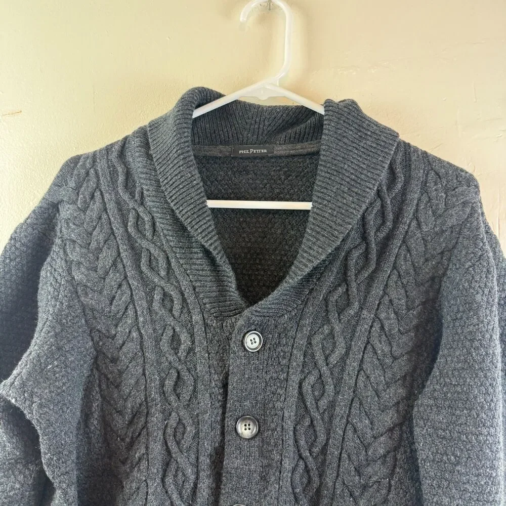 PHIL PETTER Cardigan Sweater Cableknit Fisherman Gray Merino Wool Men Size L